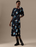 Printed Angel Sleeve Midi Waisted Dress