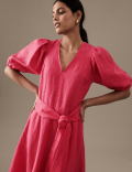 Pure Irish Linen V-Neck Midaxi Waisted Dress
