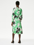 Leaf Print V-Neck Midaxi Smock Dress