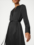 Satin Plisse Notch Neck Midaxi Shirt Dress
