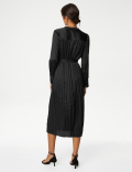 Satin Plisse Notch Neck Midaxi Shirt Dress