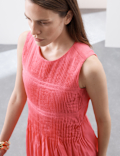 Pure Ramie Round Neck Pintuck Midi Shirred Dress