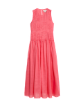 Pure Ramie Round Neck Pintuck Midi Shirred Dress