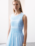 Pure Ramie Round Neck Pintuck Midi Shirred Dress