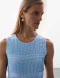 Pure Ramie Round Neck Pintuck Midi Shirred Dress
