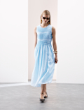 Pure Ramie Round Neck Pintuck Midi Shirred Dress