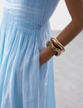 Pure Ramie Round Neck Pintuck Midi Shirred Dress