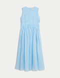 Pure Ramie Round Neck Pintuck Midi Shirred Dress