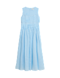 Pure Ramie Round Neck Pintuck Midi Shirred Dress