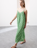 Plisse Printed V-Neck Midaxi Cami Dress