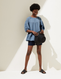 High Neck Puff Sleeve Top with Linen