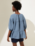 High Neck Puff Sleeve Top with Linen