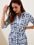 Linen Rich Printed Belted Midi Shirt Dress
