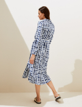 Linen Rich Printed Belted Midi Shirt Dress