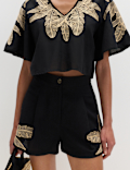 Cotton Rich Palm Embroidered Beach Shorts