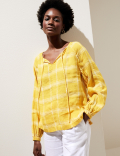 Pure Linen Checked Long Sleeve Blouse