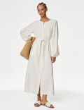 Linen Rich Embroidered Midi Shirt Dress