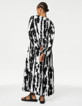 Linen Rich Printed V-Neck Midaxi Dress
