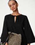 Linen Rich Tie Neck Knee Length Shift Dress