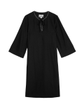 Linen Rich Tie Neck Knee Length Shift Dress