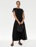 Linen Rich Embroidered Tie Waist Midi Dress