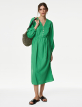 Linen Rich V-Neck Midi Shift Dress