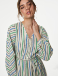Linen Blend Metallic V-Neck Midi Shift Dress