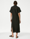 Linen Rich V-Neck Collared Midi Shift Dress