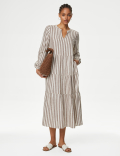 Linen Rich Striped V-Neck Midaxi Tiered Dress
