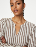 Linen Rich Striped V-Neck Midaxi Tiered Dress