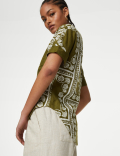 Pure Linen Printed V-Neck Popover Blouse
