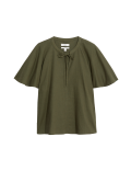 Linen Rich Tie Neck Angel Sleeve Blouse