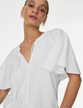 Linen Rich Tie Neck Angel Sleeve Blouse