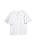 Linen Rich Tie Neck Angel Sleeve Blouse