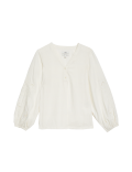 Linen Blend Embroidered V-Neck Blouse