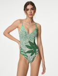 Tummy Control Palm Print Plunge Swimsuit