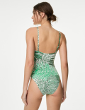 Tummy Control Palm Print Plunge Swimsuit