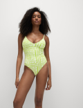 Tummy Control Palm Print Plunge Swimsuit