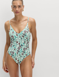 Printed Trim Detail V-Neck Plunge Swimsuit
