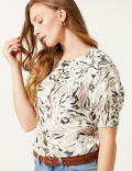 Linen Rich Animal Print Button Front Blouse