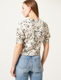 Linen Rich Animal Print Button Front Blouse