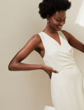 Linen Rich V-Neck Tie Waist Midi Wrap Dress