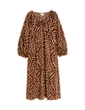 Pure Cotton Printed Tie Neck Puff Sleeve Midaxi Kaftan Dress