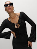 Knitted V-Neck Tie Detail Maxi Beach Dress