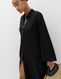 Linen Rich Palm Tree Collared Midi Shirt Dress