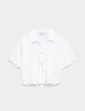 Pure Cotton Broderie Tie Front Beach Shirt