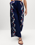 Pure Cotton Printed Drawstring Wide Leg Beach Trousers
