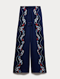 Pure Cotton Printed Drawstring Wide Leg Beach Trousers