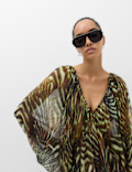 Animal Print Balloon Sleeve Mini Beach Dress