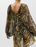 Animal Print Balloon Sleeve Mini Beach Dress